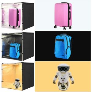 Examples of products photographed in Puluz 80cm LED Photo Light Box: suitcase, backpack, robot - Studio backdrop