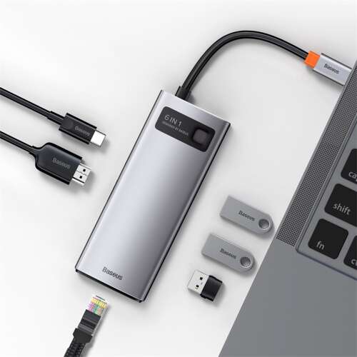 Baseus Metal Gleam Series 6 az 1-ben USB-C hub USB 3.0, HDMI és Ethernet portokkal, laptophoz és tartozékokhoz csatlakoztatva