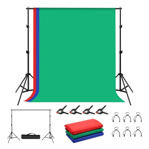Puluz 2x2m photo studio background support set with green, red, and blue backdrops