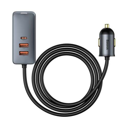 Baseus Share Together nabíjačka do auta s predĺžením, 3x USB, USB-C, 120 W (sivá)