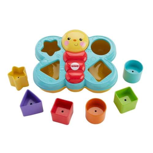 Fisher-Price Sortitor de forme în formă de fluture, o jucărie colorată de sortare a formelor pentru bebeluși și copii mici, cu o bază în formă de fluture, găuri de diferite forme și blocuri potrivite