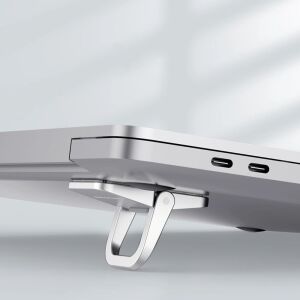 Close-up of Nillkin Bolster Laptop Stand attached to laptop, silver color - Laptop Stand