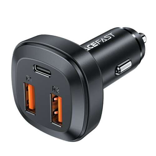 Vizualizare în unghi a încărcătorului auto negru Acefast B9 66W cu porturi USB-C și USB-A duble