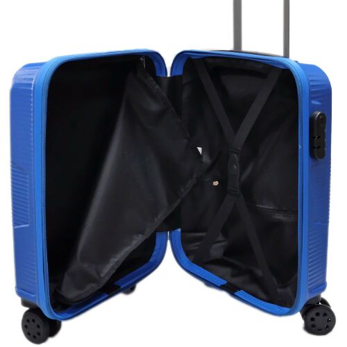 Open Herm 65cm blue hard shell carry-on suitcase showing interior