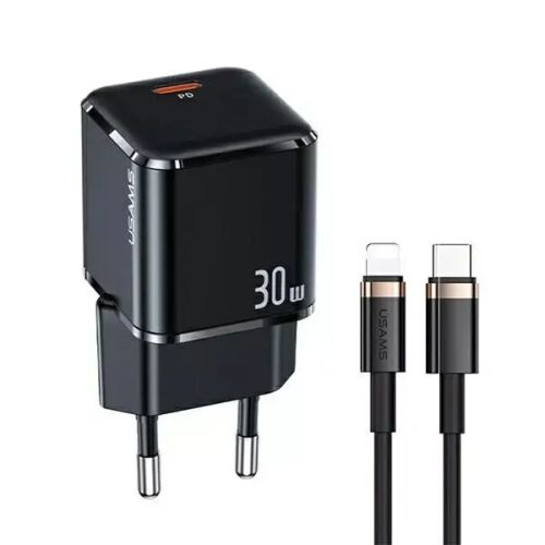 USAMS Wandladegerät 1xUSB-C T45 30W PD3.0 +QC3.0 Schnellladung + Kabel U63 USB-C/Lightning schwarz UXTZH01 (USAMS-UX)