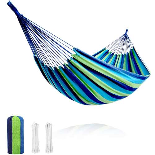 Zolta blue and green striped single hammock with storage bag