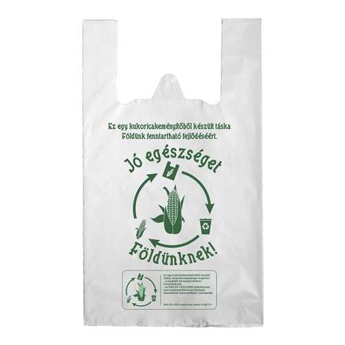 Pack of 100 biodegradable corn starch shopping bags, 24x45 cm, "Good health for our Earth"