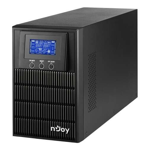 Njoy Aten PRO 1000 Online USV mit Echtzeitdaten auf LCD-Display, schräge Ansicht
