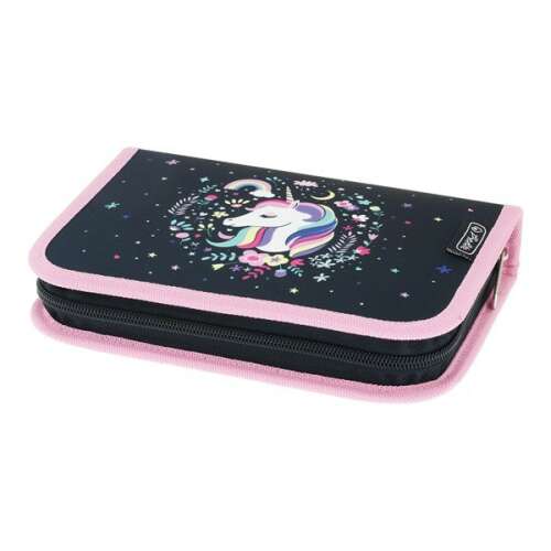 Herlitz Unicorn 31 piece double flap pencil case, black with pink trim and unicorn design