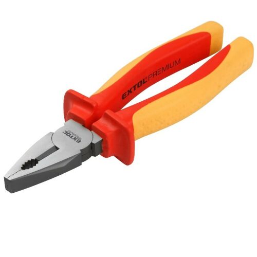 EXTOL PREMIUM combination pliers, 200mm, insulated, 1000V VDE, DIN ISO 5746, CV, dual red/yellow handle, tool holder with hook