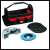 Einhell TC-AG 125/850 Kit angle grinder accessories: protective cover, 3 cutting discs, 1 sanding disc, and a carrying bag