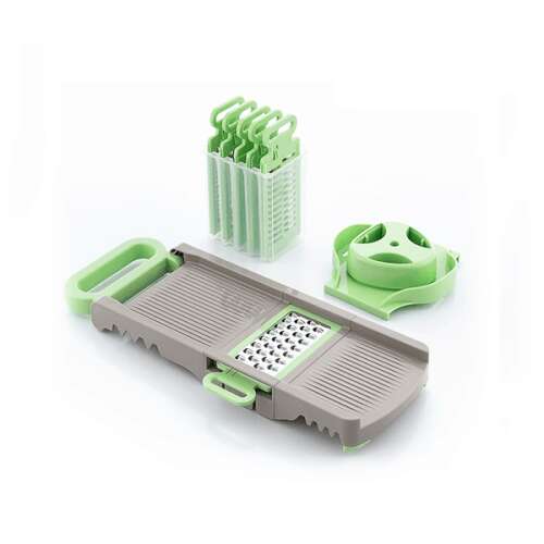 Choppie 6-v-1 skladacia mandolína a strúhadlo InnovaGoods, zelená a sivá, rozložená