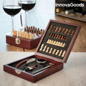 InnovaGoods Schach und Weinzubehör Set, 37 Teile, Holzkasten, Schachbrett, Flaschenöffner, Flaschenverschluss, Thermometer, Weinausgießer, Geschenkset - Barzubehör