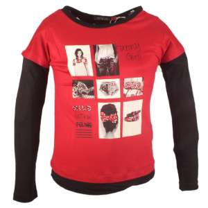 Tricou Knot So Bad pentru fete cu mânecă lungă, de culoare roșie și neagră, decorat cu strasuri, cu un imprimeu cu mai multe imagini - Knot So Bad