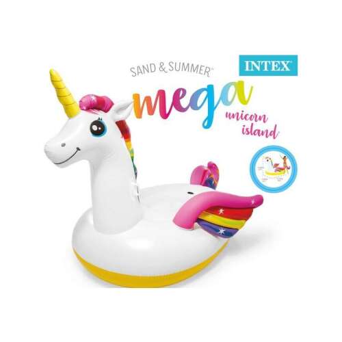 Intex Óriás Unikornis Úszósziget felfújható medenceúszó, fehér unikornis szivárványos sörénnyel és farokkal, felnőtteknek és gyerekeknek