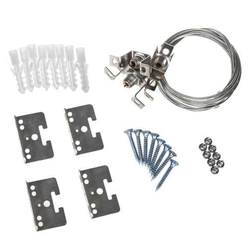 Kit de montare pentru panouri de plafon LED Led4U LD158, include 4 cabluri din oțel, 4 suporturi de plafon, 4 colțuri, 8 dibluri cu șuruburi, 8 șuruburi de contra, 4 cleme de cablu