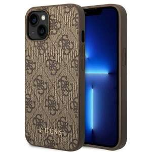 Husa Guess 4G Saffiano pentru iPhone 14, maro cu logo auriu - Guess Huse telefon
