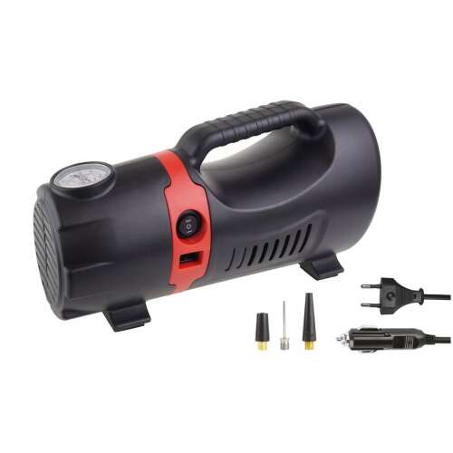 12V / 230V autós kompresszor, acomp-09, nyomásmérővel, 3 felfújható csatlakozóval, autógumikhoz, labdákhoz, matracokhoz és kerékpárokhoz