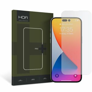 HOFI Glass Pro iPhone 14 Pro képernyővédő fólia csomagolással és telefon kijelzővel - HOFI