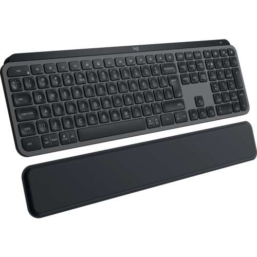 Изглед под ъгъл на безжична клавиатура Logitech MX Keys S Plus с подложка за китки