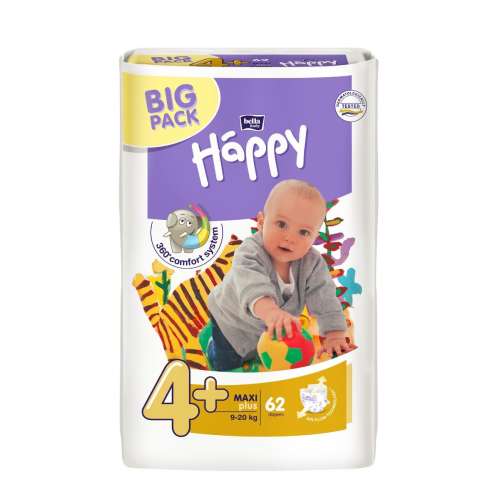 Bella Happy Maxi Plus Größe 4+ Windeln, 62 Stück, für Babys von 9-20 kg