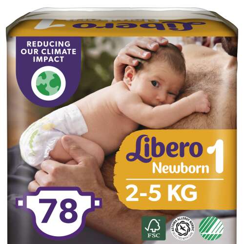 Scutece Libero Newborn Mărimea 1, 2-5 kg, pachet de 78 bucăți, bebeluș purtând scutec