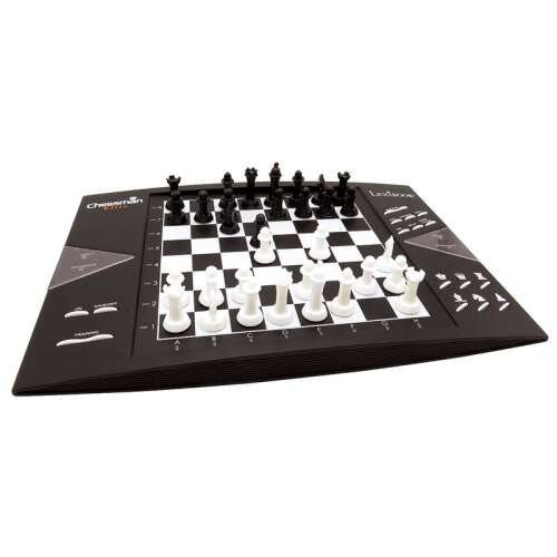 ChessMan Elite electronic chess game, black and white chess pieces on a black board, Lexibook brand