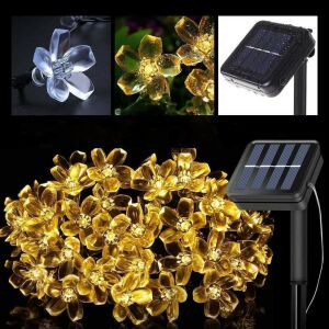 Solarbetriebene Kirschblüten LED Lichterkette warmweiß Collage mit Solarpanel - Lichterketten