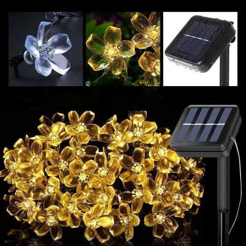 Solarbetriebene Kirschblüten LED Lichterkette warmweiß Collage mit Solarpanel
