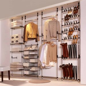 vidaXL Telescopic Clothes Rack with shelves and shoe storage in a room setting - Clothing Rack