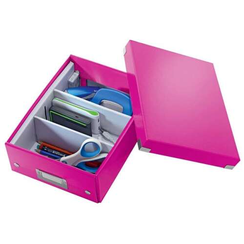 Cutie depozitare Leitz WOW Click &amp; Store Organizer, carton laminat, partial reciclat, cu capac, 22x10x28 cm, roz