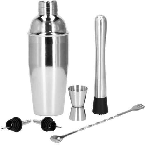 Springos 6-piece stainless steel cocktail shaker set, includes shaker, jigger, muddler, bar spoon, and two pourers
