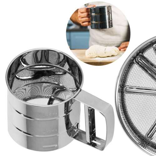 Springos stainless steel flour sifter with handle, collage of different views