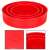 Springos 3 piece red silicone cake pan set, sizes 15cm, 19cm, 24cm, with cake example and close-up of the pan's instructions