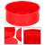 Springos 3 piece red silicone cake pan set, sizes 15cm, 19cm, 24cm, with cake example and close-up of the pans