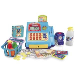 Blue cash register toy with shopping basket, play money, and pretend food - Shop Playset, Shopping