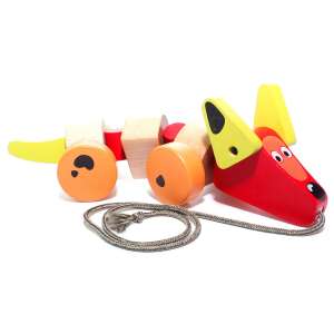 Red and yellow wooden dachshund pull toy with wheels, perfect for toddlers - Babies & Toddler