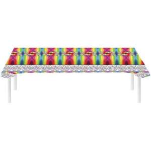 Față de masă Happy Birthday, design tie dye cu arc-de-curcubeu, bordură cu simbolul păcii, decorațiuni de petrecere - Fețe de masă