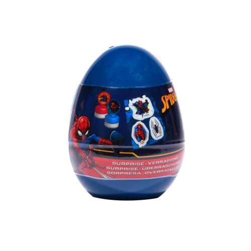 Spiderman Überraschungsei mit Schreibwaren, blaues Ei mit Spiderman-Bild, enthält Aufkleber, Stempel, Bleistifte, Radiergummis und mehr
