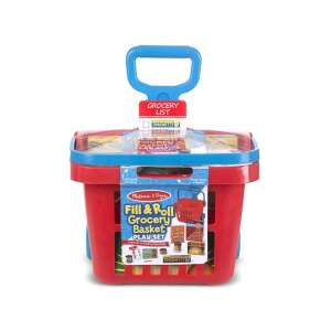 Melissa & Doug Fill & Roll Grocery Basket Playset, roter und blauer Plastik-Einkaufswagen mit Spiellebensmitteln, Einkaufsliste und Spielgeld - Melissa & Doug