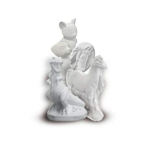 SES plaster casting mold examples, finished plaster figures, horse, dog, lizard, rabbit