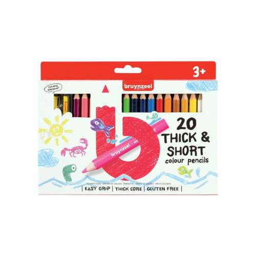 Creioane colorate Bruynzeel 20 groase și scurte, set de 20 creioane colorate pentru copii, prindere ușoară, miez gros, fără gluten