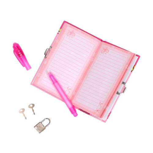 Pink secret diary with lock and key, open with blank pages, includes pen and two keys