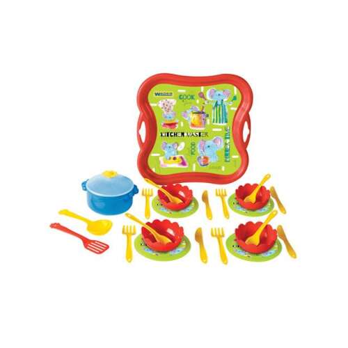Wader Dinner Time Spielküche Set mit Tablett, bunten Tellern, Besteck und Topf für Kinder
