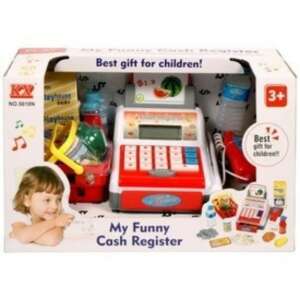 Red and white toy cash register with calculator, scanner, and play money, My Funny Cash Register - Shop Playset, Shopping