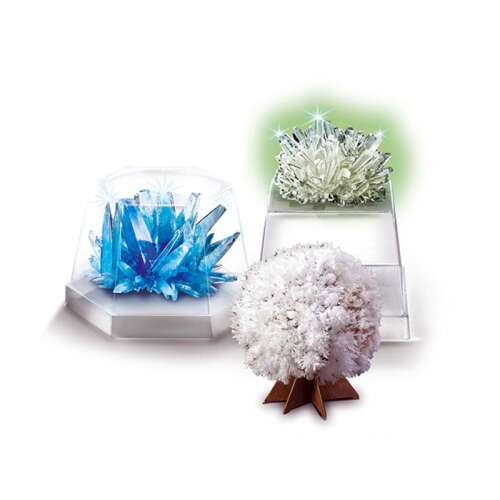 Cutie KidzLabs Crystal Science, trei cristale, albastru, alb, verde, experiment științific, învățare STEM, jucărie educativă