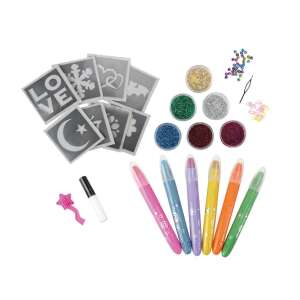 Krieda na vlasy a sada tetovaní s trblietkami so 6 farbami kriedy na vlasy, 6 farbami trblietkami, šablónami, lepidlom, korálkami na vlasy, gumičkou do vlasov, ihlou a malým ružovým hrebeňom - Tetovačky