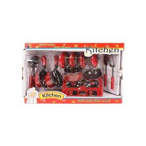 13 piece red toy kitchen playset with stove, pots, pans, utensils, and accessories