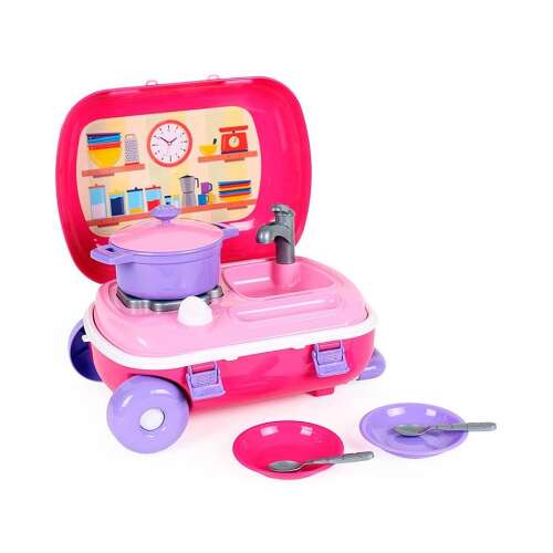 Pink toy kitchen playset in a suitcase with a sink, stove, and accessories