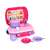 Pink toy kitchen playset in a suitcase with a sink, stove, and accessories